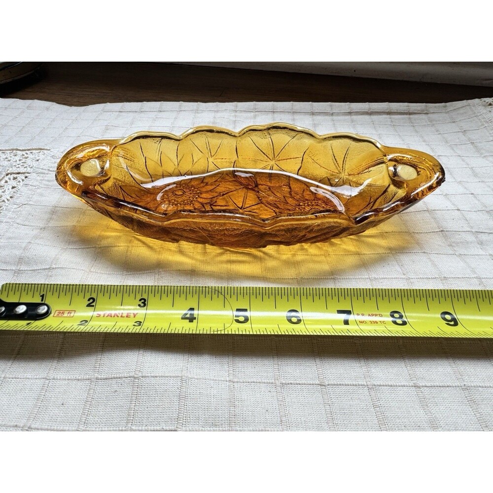 Amber Glass Oval Floral Tray Dish, Decorative Flower Theme, 10 x 4 in
